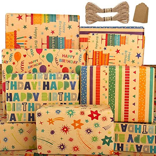 Bonkee Wrapping Paper Birthday Gift Wrap Set with Tag String-Eco Gift Wrapping Paper Sheets Recyclable Kraft Present Wrapping Paper Birhtday Paper Birthday Wrap for Men Women Girl Boy
