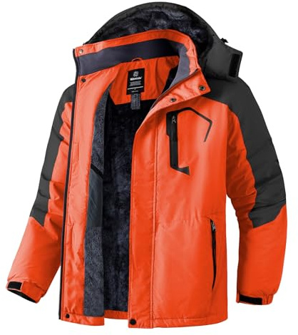 Wantdo Chaqueta de Esquí de Montaña para Hombre Abrigo de Invierno Impermeable con Capucha Cazadora de Snowboard Cálida Chaqueta al Aire Libre Antiviento Hombres Naranjo y Negro L