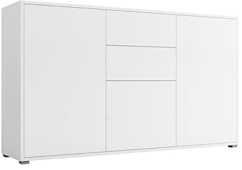 Mirjan24 Kommode mit 2 Schubladen Gesita K3D2SZ 141 Diele, Flur, Highboard, Mehrzweckschrank, Sideboard mit 3 Türen und 2 Schubladen, Wohnzimmer, Push to Open (Weiß/Weiß)