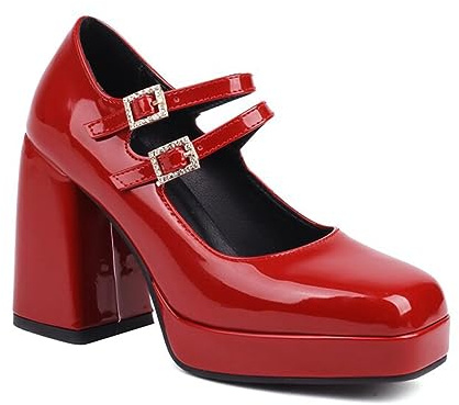 Escarpins à Talons Hauts Punk pour Femmes, Chaussures Mary-Janes, Chaussures à Talons brevetés de Grande Taille pour soirée dansante et Mariage,Rouge,46 EU
