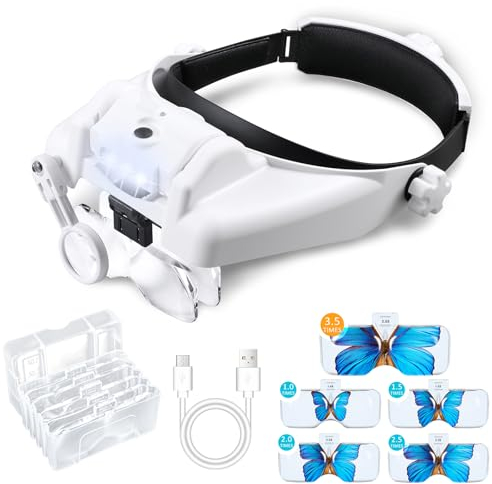 NZQXJXZ Lupenbrille mit Licht, 1X bis 14X Wiederaufladbare Vergrößerungsbrille mit 3 LED-Licht und 5 Abnehmbare Linsen, Freisprech Lupenbrille für Brillenträger, Hobbys, Juweliere, Kunsthandwerk