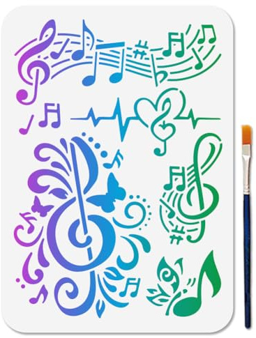 MAYJOYDIY Musical Notes Stencil Floral Note Stencil 11.7×8.3inch with Paint Brush Pentatonic Note Stencil Reusable Music Theme Art Template for Painting on Wood Window DIY Project