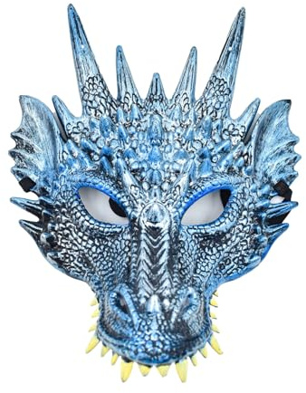 Full Face Dragon Mask,Realistic Dragon Head Mask,Funny Plastic Dragons Headgear for Halloween Role-Play Party (Blue)