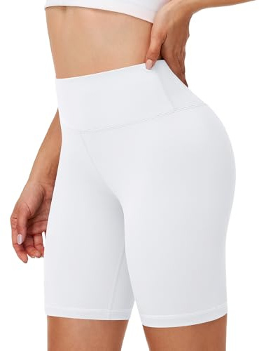 Runhit Radlerhose Damen Kurz, 8 Yoga Shorts Unter Kleid High Waist Kurze Sportshorts, Bauchweg Unterhosen Blickdichte Sporthose Gym Leggings, Weiß L