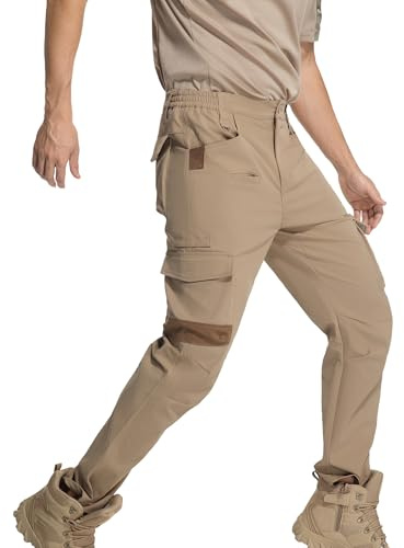 MeGriverous Mens Cargo Pants Men Ripstop Water Resistant Breathable Stretch EDC Work Military Tactical Utility Hiking Pants with 9 Pockets Khaki Size 32Wx30L