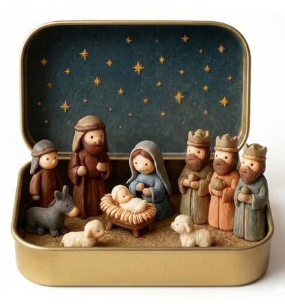 SEESUNO Christmas Nativity Decoration Sets, 3d Resin Portable Pocket Nativity Scene Figures in a Tin Box