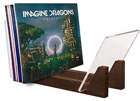 KAIU Portadischi in Vinile - Legno Massello con Supporto in Acrilico Trasparente - Design Premium, Perfetto per Esporre LP da 12 o Singoli da 7-Conserva e Supporta fino a 50 Album (Noyer)