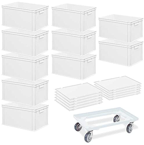 BRB 10 Euroboxen, LxBxH 600x400x320 mm + 10 Scharnierdeckel + 1 Transportroller, weiß
