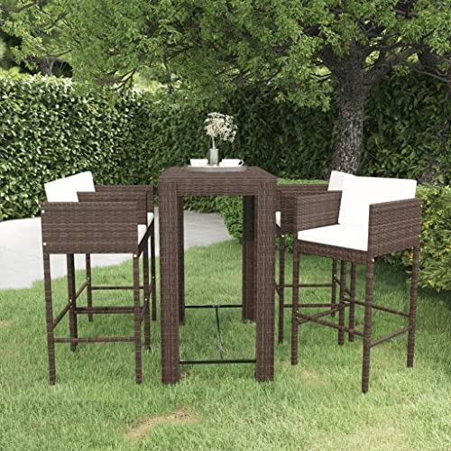 vidaXL Set de Bar para Jardín 5 Piezas y Cojines Mesa Silla Asiento Patio Terraza Balcón Barra Bistró Muebles Mobiliario Ratán Sintético Marrón