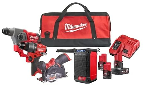 Milwaukee M12 FPP4A2-423B M12-Power Werkzeugset Schrauber, Bohrhammer, Multimaterialschneider, Akku-Radio mit Ladefunktion