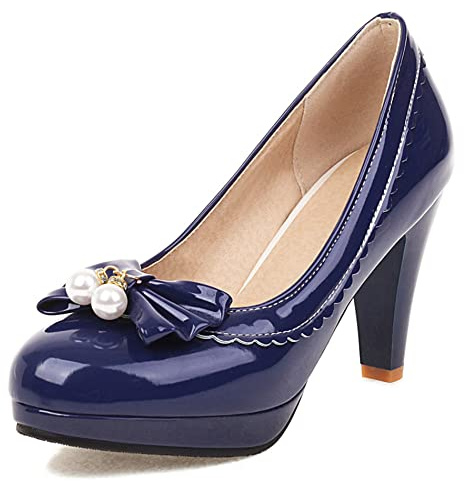 Escarpins Femme à Talon Conique, Pompe à Talon Élevé Bout Rond à Enfiler Chaussures de Fête avec Plateforme Beaded Elegant Tbktwy Bleu Taille 47 EU