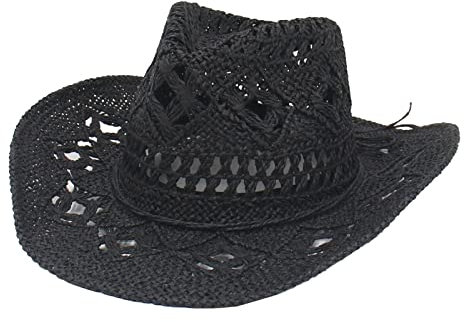 Crochet Cowboy Hats for Women Outdoor Sun Hats Fashionable Boho Hats Traveling Vocation Outdoor Holiday Hat (Black, One Size)