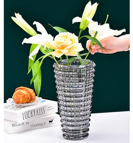 Vase en verre cristal épais de 23 cm - Grand vase décoratif hydroponique - Pour la maison et la table à manger - Cadeau pour mariage, pendaison de crémaillère - Gris cylindrique