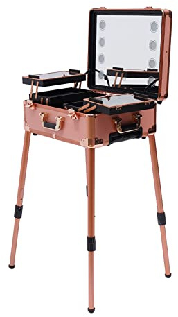 Sminkväska, sminkväska, kosmetiskt sminkbord, professionell sminkstation, kosmetisk organisation, frisör, kosmetika, skönhetslåda, med lampa, spegel, 4 universella hjul, justerbara benspeglar,