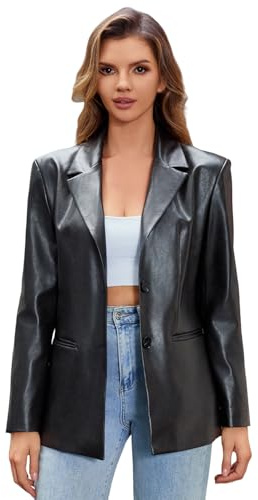 DIASHINY Women's Faux Leather Blazer Oversized Vintage Lapel Button Down Fashion Leather Jacket Black S