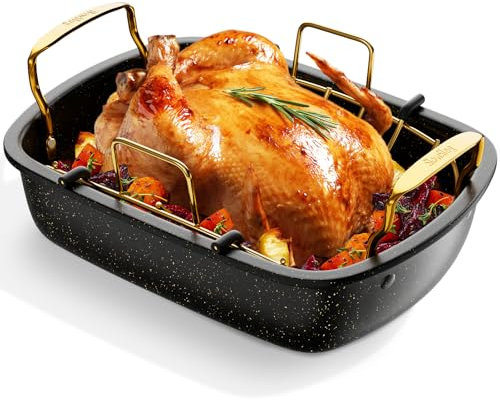 Nonstick Roasting Pan with Rack, 17 x 13 Large Turkey Roaster Pan, Oven Roasting Pan, Roaster Pan for Turkey, Chicken, Vegetable, Gold & Black