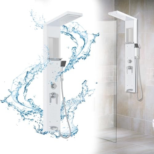 HENGMEI Pannello doccia in acciaio inox spazzolato, colonna doccia con 5 modalità doccia, set doccia a torre con doccia a pioggia, doccia a cascata, soffione a mano (bianco)