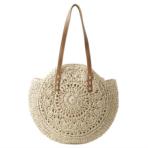 Xusxes Retro Runde Strandtasche Frauen Reisen Urlaub Freizeit Geflochten Tasche Strohtasche Frauen Reisen Urlaub Freizeit Geflochten Tasche Faltbar,leicht,Fassungsvermögen(Beige)