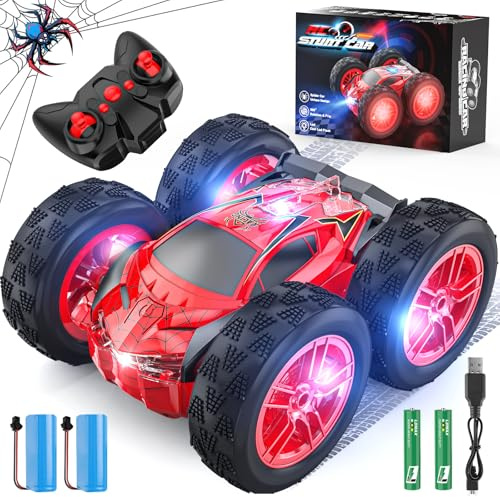 Wupuaait Remote Control Car for Kids, RC Stunt Cars Toys for Boys Ages 4-7 with Cool Double-Sided Pattern and LED Flash, 1:24 Vehicle Toy Car Hobby Racing Car Toys Gift for 3 4 5 6 7 8 9 Year Old Boys