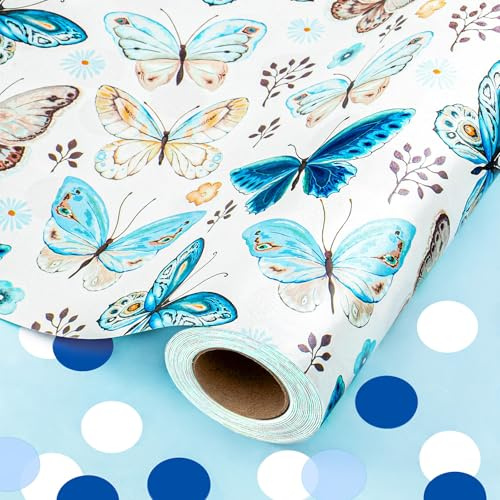 Wikadlik Rouleau de papier cadeau épais réversible - Motif papillon bleu à pois - Pour anniversaire, fête de mariage, vacances, toutes les occasions - 43 cm x 10 m
