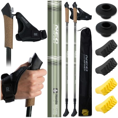 Neo-Sport Vandringsstavar Nordic Walking Justerbar 85-143 cm Aluminium Korkhandtag 1 Par Svart Grön
