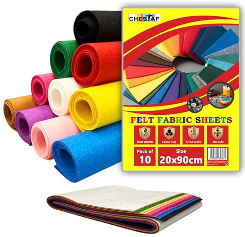 CHESTAF Felt Fabric Sheet, 10pcs Pack Assorted Coloured Large 90 x 20 CM 1mm Thick, Stiff Felt Sheets for Crafting, DIY Craftwork Fabric Sewing Patchwork Crafts, Nonwoven Polyester Squares