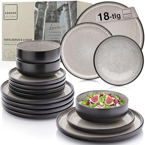 SÄNGER Luxor - Set di piatti in gres porcellanato, 18 pezzi, per 6 persone, 6 piatti piani, 6 ciotole per cereali, 6 piatti da dessert, stoviglie resistenti marrone e beige