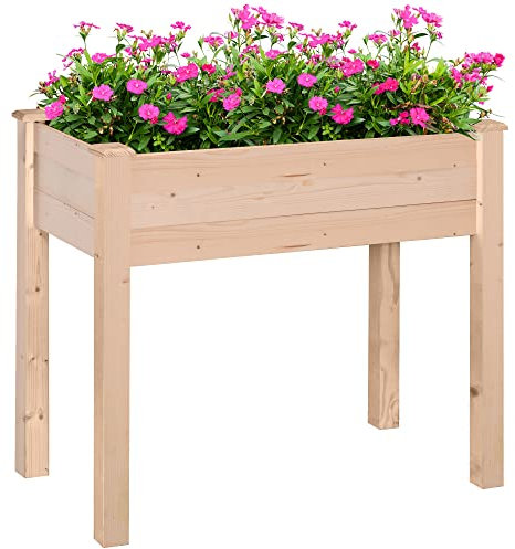 Outsunny Huerto Urbano Elevado de Madera 86x46x76 cm Mesa de Cultivo Jardinera Elevada con Tela no Tejida y 4 Orificios de Drenaje para Cultivos Plantas Flores Jardín Terraza Exterior Natural