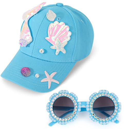 Cappellino da Baseball per Ragazze, Regolabile Cappello con Visiera Bambina e Occhiali da Sole Berretto Estivo con Coda di Sirena Cappellini Snapback e Occhiali da Sole con Strass Perle Protezione UV