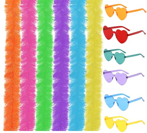 AWAVM Paquete de 6 boas de plumas y 6 lentes de sol, boa de 6.5 pies para mujer, boas esponjosas artificiales para baile, boda, fiesta, cosplay, Halloween (12 piezas)