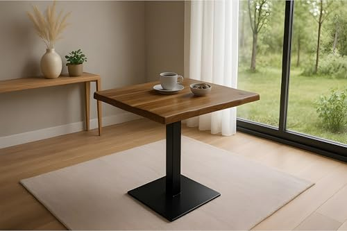 SAM Bistrotisch Iris, Akazienholz massiv + honigfarben, echte Baumkante, Baumkantentisch mit Stempelfuß aus Eisen schwarz, Säulentisch/Esstisch 60x60 cm