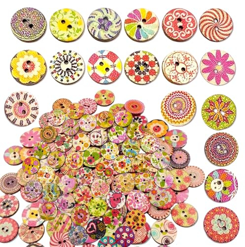 100 Pcs Assorted Floral Wooden Buttons, 15mm Round Vintage Craft Buttons with 2 Holes for DIY Sewing, Knitting, and Decorative Projects