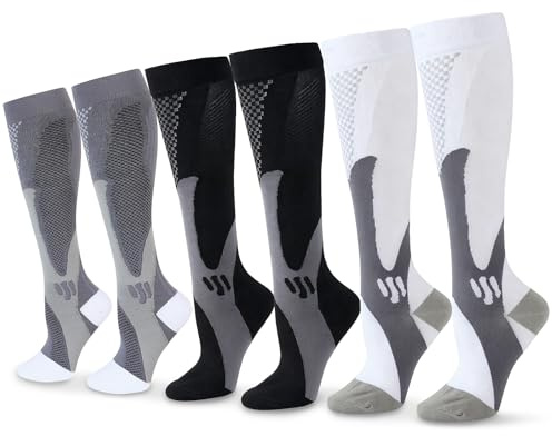 SRunDe 3 Paar Kompressionssocken Sport Damen und Herren 15-25mmHg 40-46 Kompressionsstrümpfe Stützstrümpfe Reisestrümpfe Laufstrümpfe Lang Hoch für Läuft Wandern Reisen Radfahren Büroangestellte