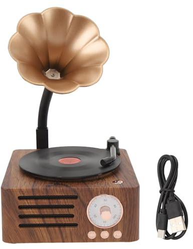 Haut-Parleur Bluetooth rétro, Tourne-Disque avec Corne en cuivre, Lecteur de Disque Portable à Grain de Bois pour décoration de Bureau