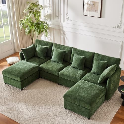 Yihomfy Canapé d'angle Convertible, 278 cm canapé modulable 4 Places avec Pouf et Coussins Amovibles, Grand canapé en Forme de U, revêtu de Tissu Chenille, idéal pour Salon et Appartement, Vert