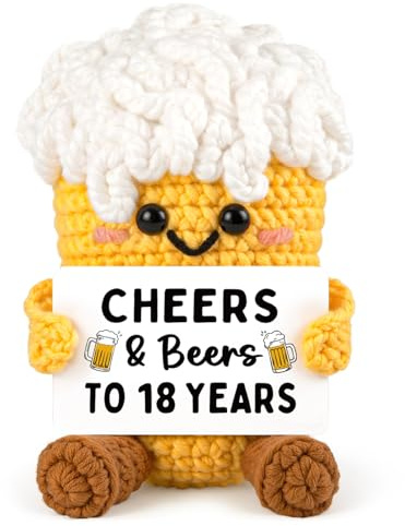 Leebbsin 18th Birthday Gifts for Boys Girls- Handmade Crochet Beer | with Cheers&Beers to 18 Years Pun Card- Funny 18th Birthday Decoration Gifts for Son Friend Sister Brother, Cute Desk Decor