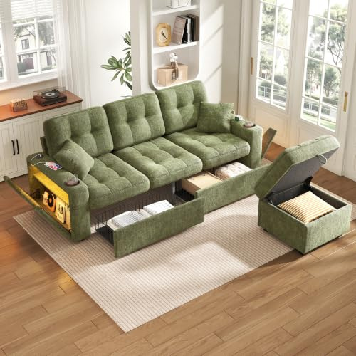 DHHU 195cm Canapé d'angle en L, Canapé Modulable en Forme de L, Canapé 3 Places avec USB-C, Porte-Gobelets, LED, Rangements et Pouf de Stockage, Gain de Place, pour Salon, Vert