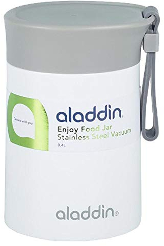 Aladdin Enjoy Thermavac Stainless Steel Food Jar 0.4L White – Keeps Hot or Cold for 5.5 Hours - Double Wall Vacuum Insulation Lunch Box - Leakproof - Silicone Strap - BPA-Free