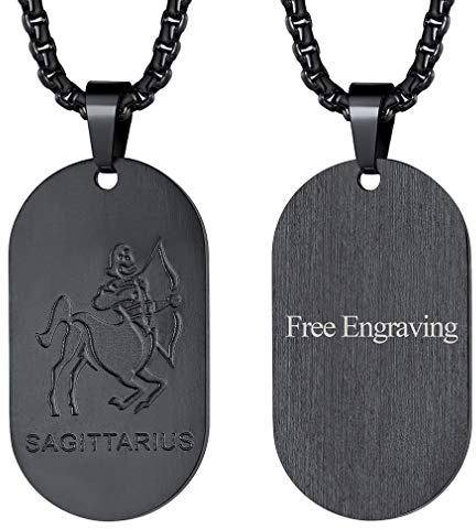 Collier avec Prénom Personnalisable,Pendentif Noir Zodiaque Sagittaire Acier Inoxydable avec Chaîne 60cm,Bijoux Signe Astrologique Plaque Militaire Idée Cadeau Personnalisé Homme Femme Garçon