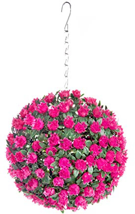 Best Artificial 23cm Rose Topiary Hanging Flower Ball **UV Fade Protected** (Pink)