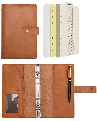 Wonderpool A6 Leder Notizbuch Nachfüllbares 6 Ringbuch Tagebuch Portfolio – Gepunktetes Papier & Innentaschen Organizer für Mann und Frau (Braun, A6)