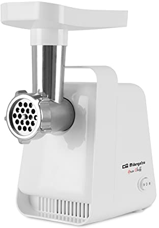 Orbegozo MP 2000, Picadora de Carne eléctrica, función de Movimiento de Retorno, 600 W, botón de Marcha/Parada, Cuello de Metal, 3 Discos Intercambiables, 2 Cuchillas, Color Blanco
