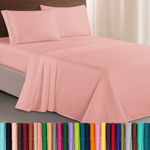 Elegant Comfort Lussuoso set di lenzuola di qualità egiziana a 1500 fili, ricamate a tre linee, di qualità alberghiera, 4 pezzi, resistente alle pieghe e allo sbiadimento, pieno e polveroso rosa
