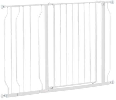 PawHut Barrera de Seguridad para Perros Extensible 75-115 cm para Puertas y Escaleras Puerta de Seguridad para Mascotas con Extensiones Montaje a Presión y Doble Bloqueo Blanco