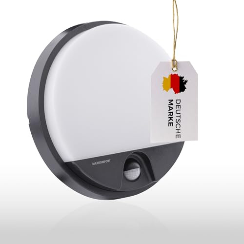 max K O M F O R T LED Außenwandleuchte mit Bewegungsmelder IP54 15W rund schwarz 4000K 1100 Lumen Aussenleuchte Wandlampe Wandleuchte ALMAZ