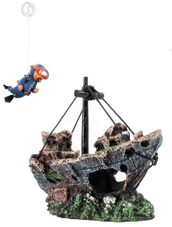 AWXZOM Aquarium Shipwreck Decoration + Little Diver Floating Fish Tank Decoration, Fish Tank Ornaments