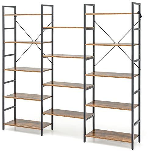 CASART Triple Wide 5-Tier Bookshelves, Industrial Bookcase Ladder Bookshelf with 14 Open Shelves & Metal Frame, Anti-Toppling Display Shelf for Living Room Study Bedroom Office (176 x 30 x 165cm)