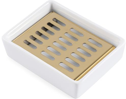 Ceramic Soap Dish (11.8 x 8.8 x 3cm) Stainless Steel Soap Holder for Bathroom and Shower Double Layer Draining Soap Box (Gold tray)