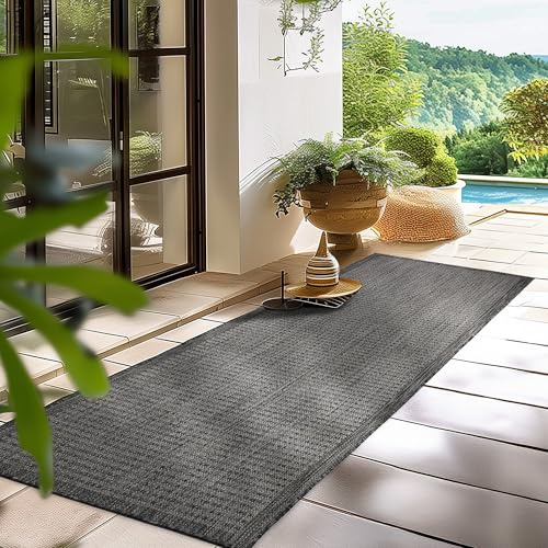 HomebyHome Outdoor-Teppich Flachgewebe Wetterfest Einfarbig Schwarz Küchenteppich, Balkon Terrassen Garten Wohnzimmer Teppich 80 x 250 cm