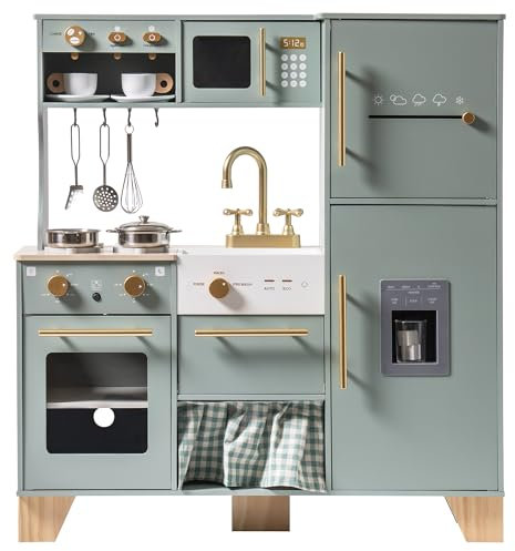 ROBUD Puppenküche aus Holz mit Kühlschrank - Rollenspiel Spielzeug für Jungen und Mädchen ab 3 Jahren